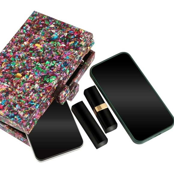 Abstract Multicolor Confetti Glitter Hard Clutch Box Purse Crossbody Chain Bag - Picture 2 of 13